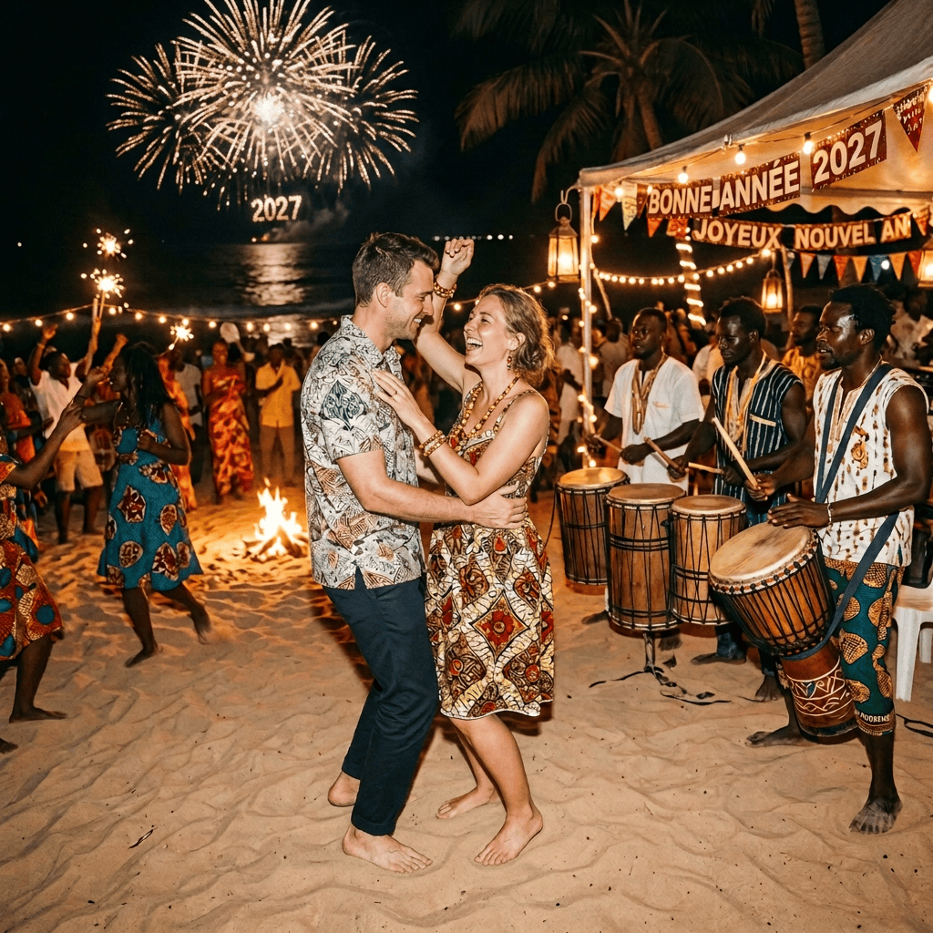Couple dancing beside drummers at a beach New Year celebration with 2027 fireworks